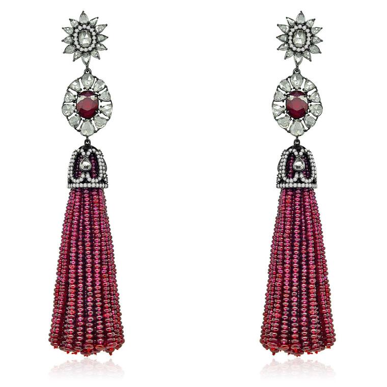 Sutra ruby bead tassel earrings with Burmese rubies and rose-cut diamonds in black gold.